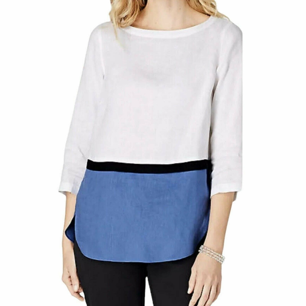 J. Jill Love Linen Color block Linen Top White Black Blue Women's Size S